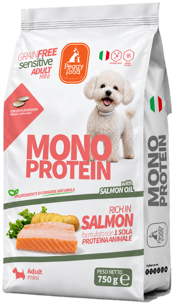 Peggy Food Grain Free Sensitive Adult Mini Salmone, sacco da 750 g